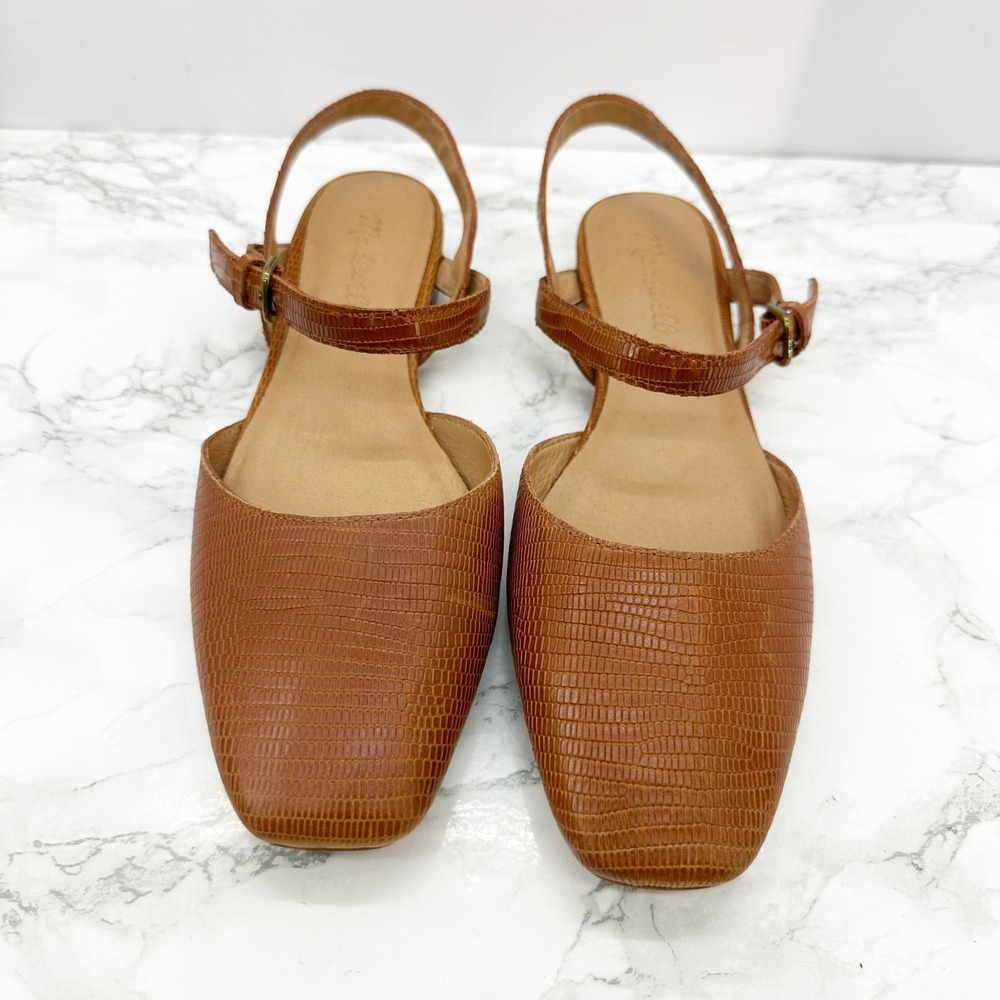 Madewell Tan Embossed Leather Square-Toe Slingback Flats